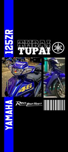 the front and back cover of a blue motorcycle with barcodes on it's sides