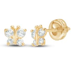 These adorable children's earrings feature a butterfly design embellished with sparkling round-cut cubic zirconia. The 14K yellow gold earrings safely secure with screw backs. Baby Earrings, Jewelry Brands, Yellow Gold Earrings, Baby Jewelry, Yellow Gold Earring, Accessories Jewelry Earrings, Butterfly Earrings, Butterfly Design, A Butterfly