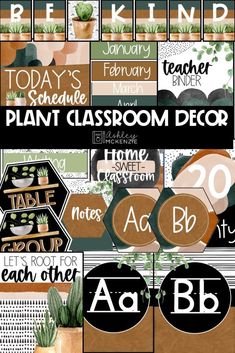 a collage of different types of plants and words in black, white, green, brown