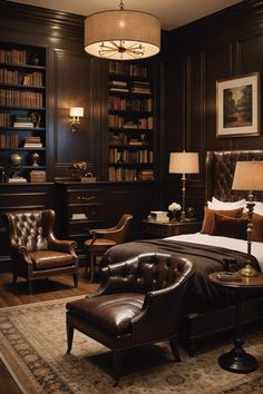 a bedroom with dark wood paneling and leather furniture