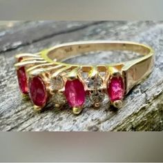 Gorgeous Ring In Amazing Condition. Genuine Gold, Diamonds And Rubies! Note- Photos Are Zoomed To Show The Ring Detail. Pink Ruby Marquise Jewelry, Pink Marquise Ruby Jewelry, Pink Diamond Jewelry Stamped 14k, Pink 14k Stamped Diamond Jewelry, Pink Ruby Ring Stamped 14k For Anniversary, Gorgeous Ring, Ring Color, Ruby Diamond, Yellow Gold Ring