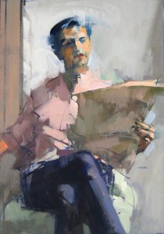 a painting of a man sitting down reading a book