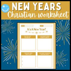 the new year's christian worksheet is shown with fireworks in the background