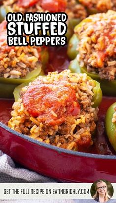 old fashioned stuffed bell peppers in a red casserole dish with text overlay