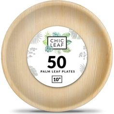 a wooden plate with the words 50 palm leaf plates on it's front side