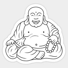 a buddha sticker sitting on top of a white surface with beads around his ankles