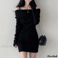 Olivia Mark - Off-Shoulder Knit Dress with Straps and Long Sleeves Long Sleeve Dress Winter, Skater Fashion, 2020 Aesthetic, Winter Tips, 90s Skater, Grunge Outfit, Outfit Party, Vintage Everyday, Party Summer