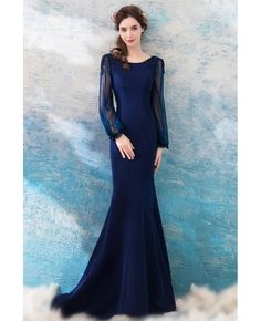 Buy Slimming Mermaid Navy Blue Formal Dress With Long Sleeves at wholesale price online. Free shipping and pro custom service since 2009. Navy Blue Long Dress, Navy Blue Formal Dress, Prom Dresses Long Blue, Blue Formal Dress, Modest Formal Dresses, Long Sleeve Bridesmaid Dress, Blue Evening Gowns, Female Outfits, Long Gowns