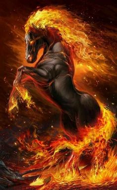 a horse that is on fire with its head turned to the side and it's tail