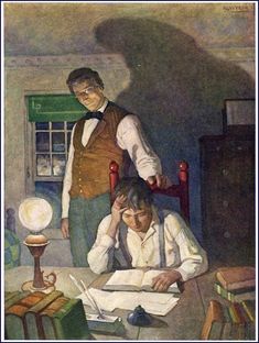 two men are standing in front of a desk with books and papers on it, one man is holding his head while the other looks down