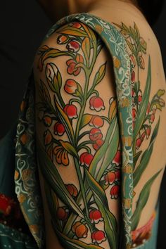 traditional style tattoo of lily of valley flower American Traditional Lily Of The Valley Tattoo, Traditional Lily Of The Valley Tattoo, Lily Color Tattoo, Bug And Flower Tattoo, Lily Of The Valley Tattoo Color, Tatoos Color, William Morris Tattoo, Colorful Tattoo Sleeve, Unique Tattoo Sleeve