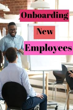 two men and a woman sitting in chairs with the words onboarding new employees above them