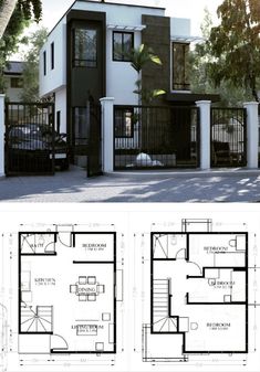 two story house plan with garage and living room in the front, one bedroom on the second