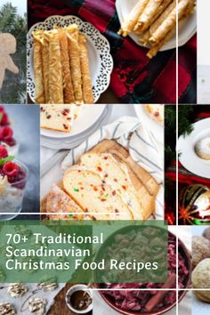 the collage shows different types of christmas food and desserts, including sandwiches, cookies, croissants, bread