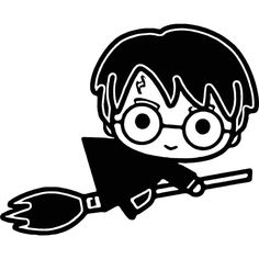 a black and white drawing of a boy with glasses holding a broom