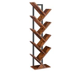 a wooden book shelf with metal legs and shelves on each side, in the shape of an upside down triangle