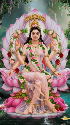 a painting of a woman sitting on top of a pink flowered lotus with her hands in the air