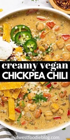 creamy vegan chickpea chili in a white bowl with tortilla chips on the side