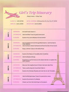 This listing is an instant download pdf template that is customizable through Canva! After purchasing, you will be sent a link to download, edit, print, or share!  PLEASE NOTE: NO PHYSICAL ITEMS WILL BE SHIPPED TO YOU. This Or That Travel, Travel Pink Aesthetic, Birthday Trip, Girls Trip Itinerary Template, Canva Travel Itinerary, Tour Itinerary Template, Free Travel Itinerary Template, Template Instagram