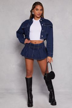 Almost Famous, Mini Length, Skort, Decorative Stitching, Pleated, Zippers, Solid, Denim, Item Number 3074077132574 Denim Pleated Mini Skirt, Jean Jacket Cropped, Cropped Jean Jacket, Crop Jean Jacket, Decorative Stitching, Rainbow Shop, Cargo Pocket, Almost Famous, Pleated Mini Skirt