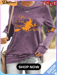 Women's Funny Witch Yes I Can Drive A Stick Halloween Casual Sweatshirt Purple Graphic Print Sweatshirt For Fall, Casual Purple T-shirt For Fall, Casual Halloween Crew Neck Tops, Purple Relaxed Fit Top For Fall, Halloween Long Sleeve Relaxed Fit T-shirt, Casual Halloween Tops With Letter Print, Casual Halloween Letter Print Top, Casual Long Sleeve Halloween T-shirt, Purple Letter Print Top For Fall