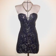 Nwot Midnight Navy Blue Cocktail Dress, Mini Strapless Style, So Sparkly! Very Cute, Never Worn. It Is Unfortunately Too Big For Me. There Is Padding In The Chest And Rubber Along The Top Edge To Hold It In Place. Very Sturdy Bodice, No Bra Needed. Blue Strapless Mini Dress For Party Season, Blue Strapless Dress For Party Season, Glamorous Blue Strapless Dress For Party Season, Blue Strapless Sweetheart Neckline Dress For Night Out, Glamorous Blue Mini Strapless Dress, Blue Strapless Dress For Party Season Night Out, Holiday Mini Dress With Sweetheart Neckline For Night Out, Blue Mini Dress With Sweetheart Neckline For Party, Blue Mini Dress With Sweetheart Neckline For Night Out