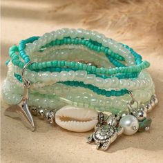 3pcs Ocean Themed Candy Colored Glass Beaded Bracelet Alloy Turtle Mermaid Rice Bead Charm Bracelets For Ladies Bracelets For Ladies, Glass Beaded Bracelet, Rice Bead, Glass Beaded Bracelets, Bead Charm Bracelet, Tiffany Blue, Blue Bracelet, Candy Colors, Charm Bracelets