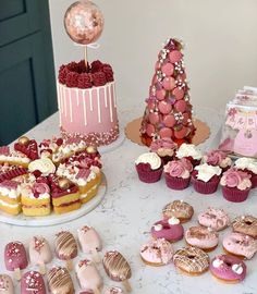 a table topped with lots of different types of cakes and cupcakes next to each other