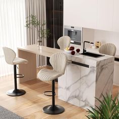 a kitchen with marble counter tops and bar stools