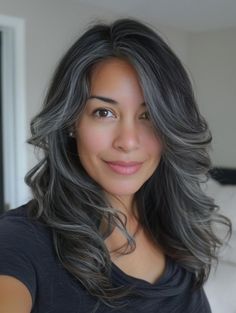 Gray Blending for Dark Hair: Embrace Your Silver Strands with Style Gothic Grey Hair, Blending Gray Hair Asian Women, Grey Hair With Dark Highlights, Black Hair With Grey Highlights Long, Gray Hair Black Highlights, Low Lights To Hide Gray Hair, Black Hair Grey Blending, Grey Money Piece On Dark Hair