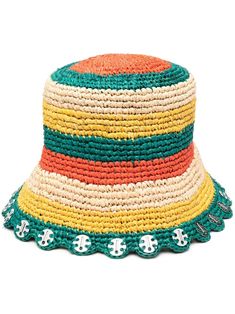 rainbow-stripe bucket-hat from PACO RABANNE featuring multicolour, raffia, rainbow print, woven raffia design, silver-tone logo plaque and dropped narrow brim. Multicolor Toquilla Straw Hat For Vacation, Multicolor Toquilla Straw Hat For Spring, Multicolor Wide Brim Toquilla Straw Hat, Multicolor Woven Straw Sun Hat, Summer Multicolor Woven Straw Hat, Multicolor Woven Brimmed Straw Hat, Multicolor Bohemian Straw Hat, Multicolor Handwoven Straw Hat, Multicolor Brimmed Toquilla Straw Hat