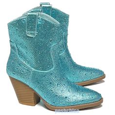 Be The Center Of Attention In These Sparkly Rhinestone Cowboy Boots New In Box Faux Leatherette Rhinestone Encrusted Uppers Lightly Padded Insole Chunky Block Heels Heel Height: 3 In. Fitting: True To Size. Regular Fit. Cowboy Boots, Party Boots, Western Boots, Blingy Boots, Fashion Boots, Rhinestone Boots, Festival, Boho Embellished Blue Party Boots, Blue Embellished Party Boots, Blue Party Boots With Rhinestones, Blue High Heel Boots With Rhinestones, Blue Rhinestone Party Boots, Trendy Blue Boots With Rhinestones, Glamorous Blue Rhinestone Boots, Glamorous Blue Round Toe Boots, Cowboy Boots Party