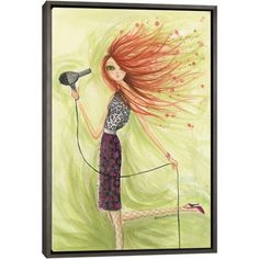 a painting of a woman holding a hair dryer and blow drying her red hair