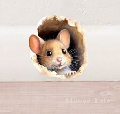 a little mouse peeking out of a hole in the wall with it's head sticking out