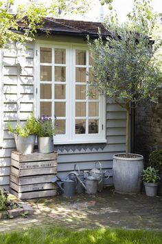 an outside view of a house with potted plants