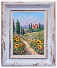 a painting of sunflowers and a house on a hill