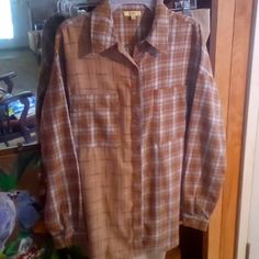 Kori America Tan Plaid Ladies Shirt In Size Medium! Lovely 2 Fabric Contrast Design! Flannel With 2 Front Pockets, Button Down Front! Can Be Worn As A Light Shirt Jacket Over A Blouse, Also! Daughter Christa Bought 2 Alike & Gave Me This One To Sell Due To My Home Burning Down! Thank You So Much For Purchases & Donations! God Bless You Nana Brown Long Sleeve Flannel Shirt For Spring, Casual Brown Fall Blouse, Brown Cotton Flannel Shirt For Spring, Casual Brown Cotton Blouse, Casual Brown Cotton Blouse For Fall, Spring Brown Cotton Flannel Shirt, Vintage Brown Flannel Shirt With Buttons, Brown Long Sleeve Flannel Shirt With Button Closure, Brown Snap Button Button-up Flannel Shirt