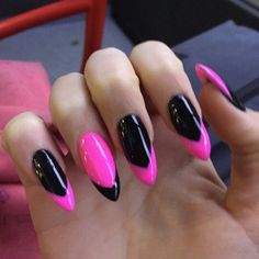 Pink And Black Tip Nails, Black And Hot Pink Nails Ideas, Simple Pink And Black Nails, Pink And Black Valentines Nails, Black And Neon Pink Nails, Stileto Nail, Pink And Black Almond Nails, Neon Pink And Black Nails, Black And Hot Pink Nails