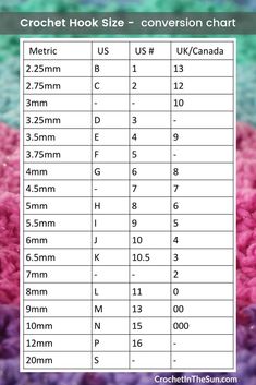 the crochet hook size chart is shown