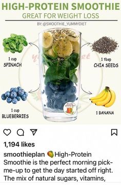 the ingredients for high protein smoothie include bananas, blueberries, spinach and other fruits