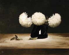 a painting of white flowers in a black vase