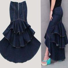 2014 spring summer new fashion women's long high-low ankle length denim mermaid skirts asymmetrical elegant slim hip saia jeans(China (Mainland)) Denim Ideas, Trendy Skirts, Jeans Fabric, Sewing Skirts, Mermaid Skirt, Denim And Lace, Pleated Maxi