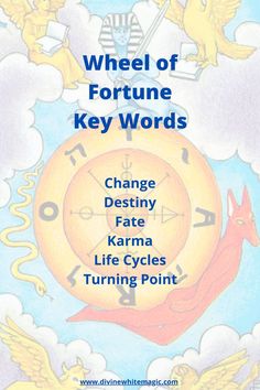 This image explains the keywords describing the Wheel of Fortune Tarot Card The Wheel Of Fortune Tarot, Fortune Tarot Card, Wheel Of Fortune Tarot, Plant Medicine, Tarot Meanings, Key Words, Birth Cards