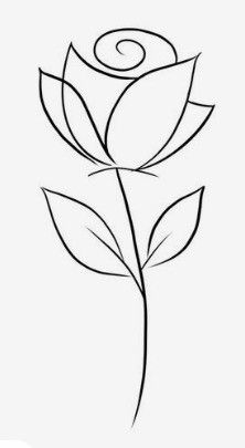 the outline of a single rose flower on a white background with swirls and leaves