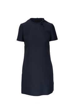 Valentino - Navy Blue Crepe Couture Bow Mini Dress Navy A-line Dress For Formal Occasions, Chic Bow Mini Dress For Work, Chic Mini Dress With Bow For Work, Elegant Blue Mini Dress With Bow, Fitted Mini Dress With Bow For Daywear, Elegant Bow Mini Dress For Daywear, Elegant Mini Dress With Bow For Daywear, Classic Navy Dress For Workwear, Formal Knee-length Dresses With Bow