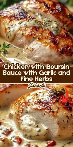 chicken with bourssin sauce with garlic and fine herbs on the side is shown