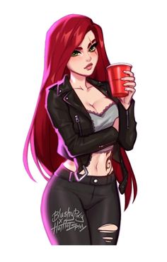 a drawing of a woman with red hair holding a cup in her hand and looking at the camera