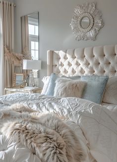 a white bed with pillows and blankets on top of it next to a large window