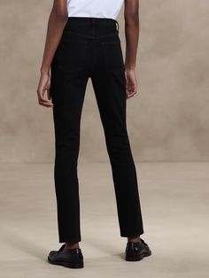 Our version of the cigarette jean, this slim jean silhouette is fitted from hip to knee, with a slim-straight leg that’s a little roomier than a skinny jean.  Here, our designers selected a 4-way stretch denim in a basic black wash.  SLIM FIT: Fitted from hip to knee, slim leg.  Ankle length.  Zip-fly with button closure.  Belt loops.  Five-pocket styling.  Slim Fit: High rise (11").  Skinny from hip to knee, slim leg.  Ankle length.  Inseams: Petite/Short 26", Regular 28", Tall 31" Model: Size 25, 5'10" (178cm). Professional Wear, Petite Shorts, Classic Jeans, Jeans Online, Slim Leg, Slim Jeans, Slim Legs, Petite Size, Recycled Cotton