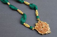 Gold Filigree Necklace, Temple Jewelry, Tribal Necklace, Green Silk Threads, Statement Necklace, Ind Pendant Temple Necklace With Filigree For Gifts, Pendant Temple Necklace With Filigree As A Gift, Temple Jewelry Style Necklace With Filigree Pendant, Temple Jewelry Style Filigree Pendant Necklace, Temple Jewelry Necklace With Filigree Pendant, Ornate Pendant Temple Necklace As Gift, Temple Necklace With Filigree For Festivals Gift, Festival Filigree Pendant Temple Necklace, Filigree Temple Necklace For Festivals